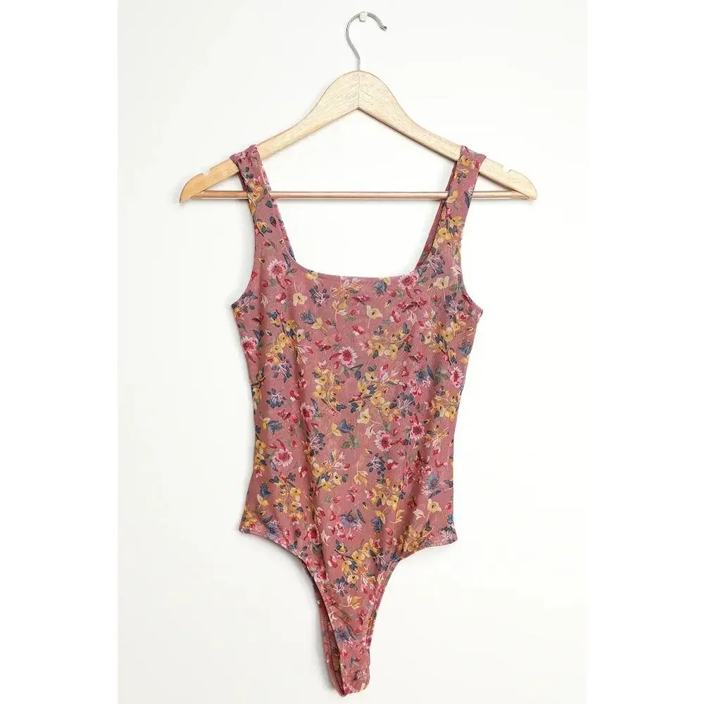 Lulus Love in the Garden Mauve Floral Print Mesh Bodysuit pink yellow blue